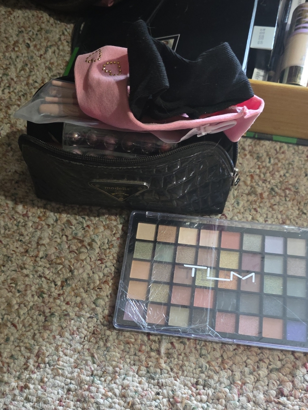 Modella Black Quilted Cosmetic Pouch with New Makeup
